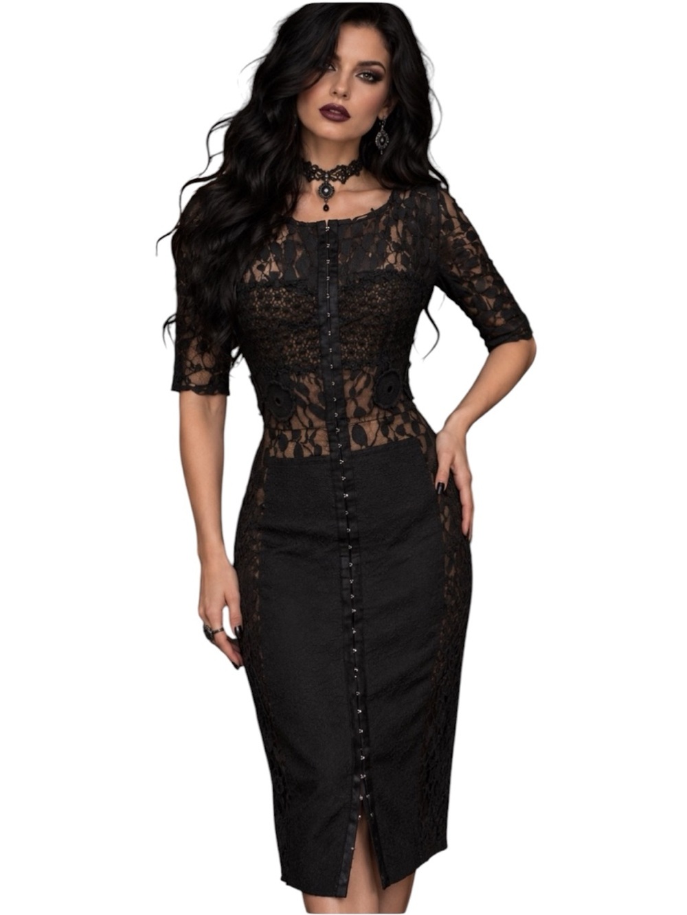 Byron Lars Black Lace Corset Midi Dress Button-Front Detail 4P goth Victorian